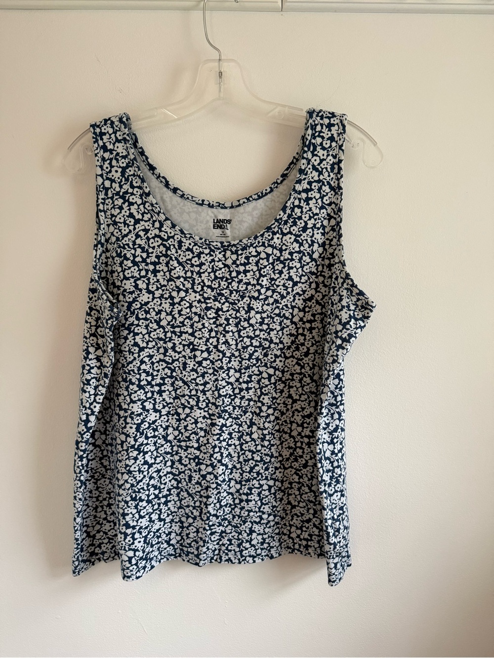 Lands' End Navy and White Floral Tank Top